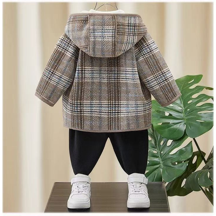 Fashionable Winter Woolen Coat for Boys, Thick Fleece-Lined Mid-Length Kids Jacket