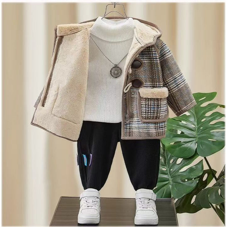 Fashionable Winter Woolen Coat for Boys, Thick Fleece-Lined Mid-Length Kids Jacket